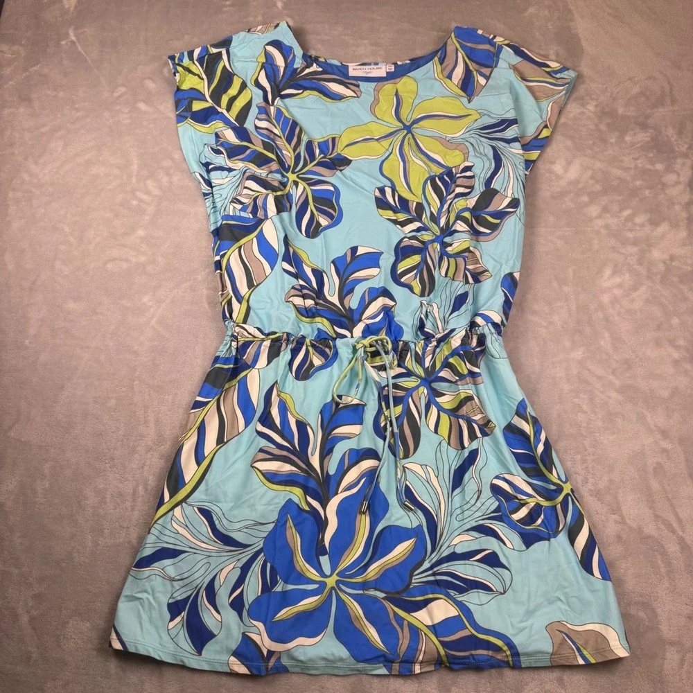 Beach House Style Womens XL Blue Tropical Floral Swim‎ Cover-Up Dress Cap Sleeve